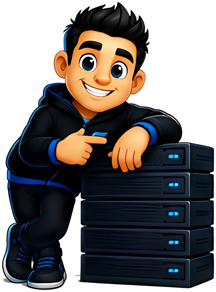 Mascote FixaHost junto a servidores dedicados